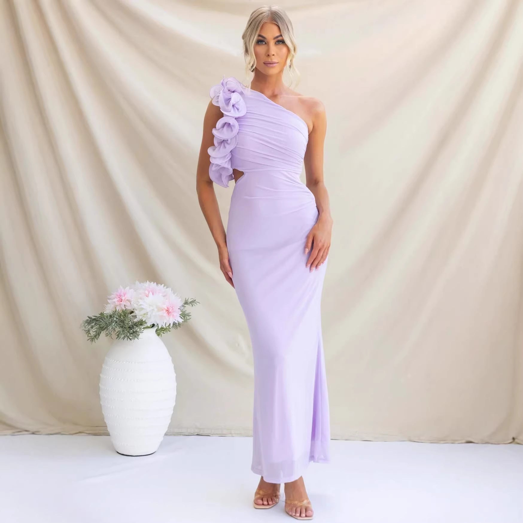 Elegant Wedding Guest Maxi Dress with Ruffle Shoulder