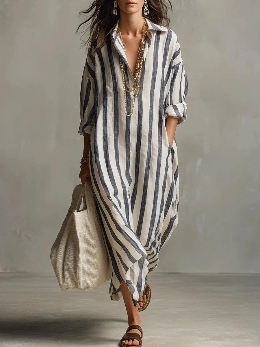 Striped Maxi Shirt Dress with Collar and Long Sleeves