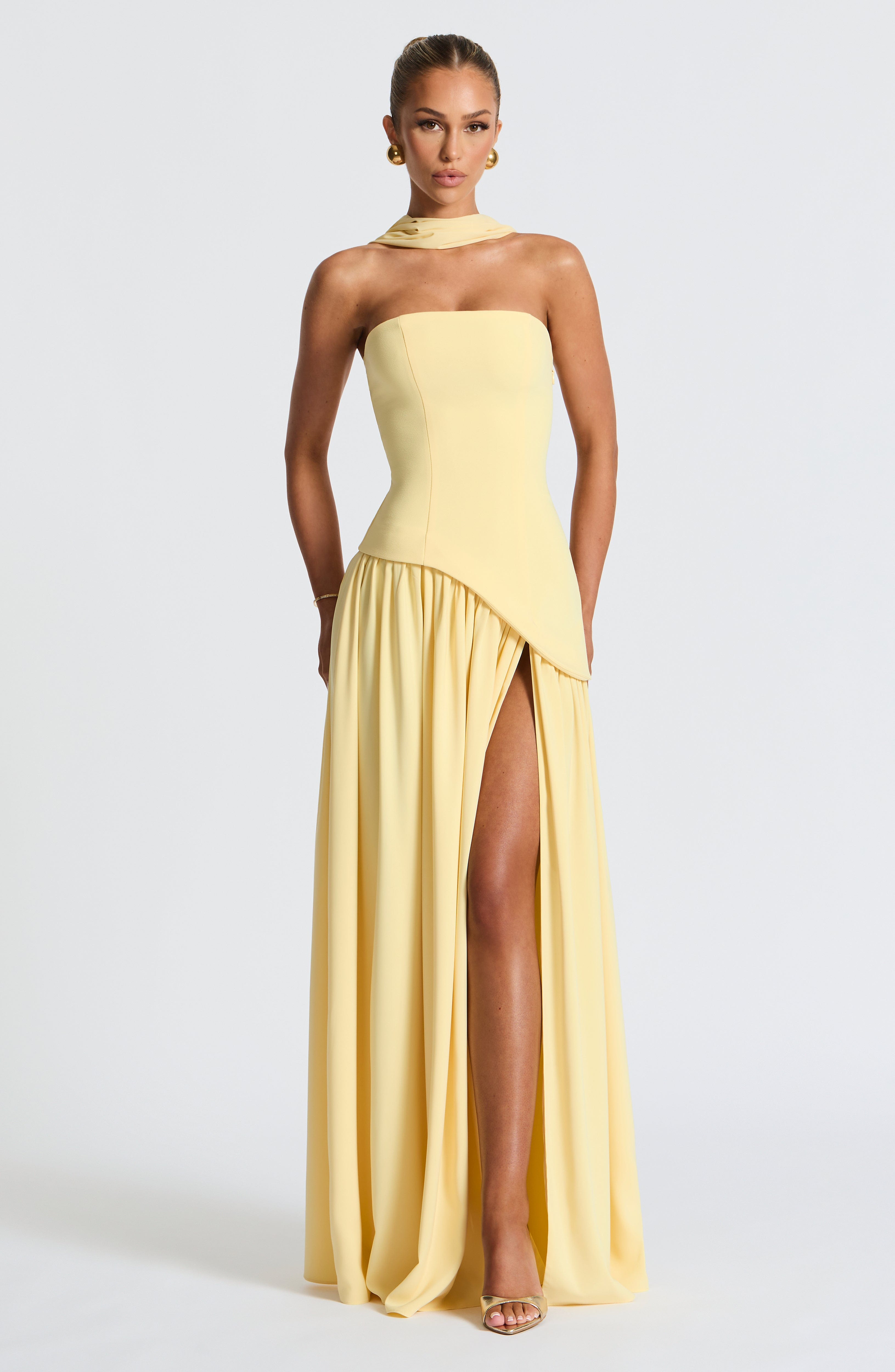 Strapless Maxi Dress with High Slit & Asymmetric Waist
