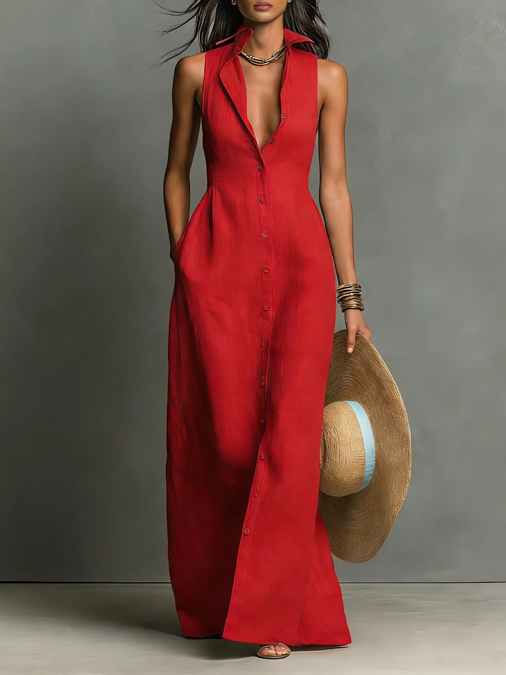 Sleeveless Maxi Shirt Dress with Button Front