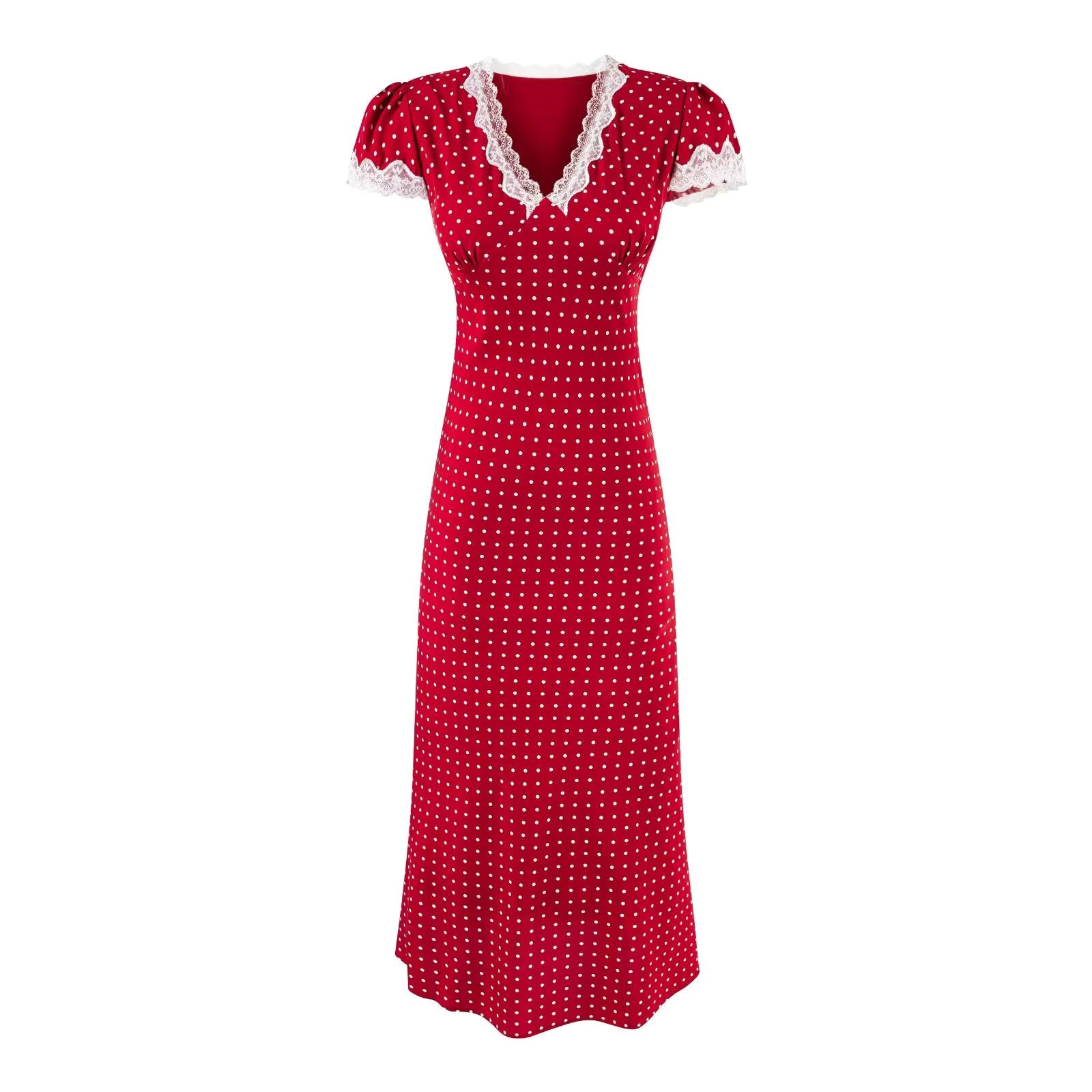 Polka Dot Lace-Trim V-Neck Maxi Dress